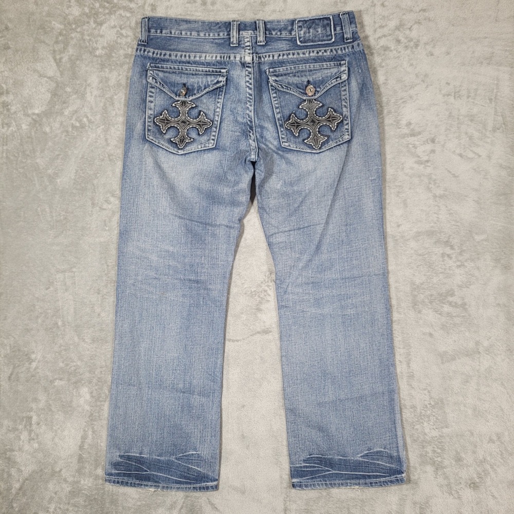 Vintage Helix Men's Relaxed Boot Cut Jeans 36x30 Cross Distressed 90s Y2K